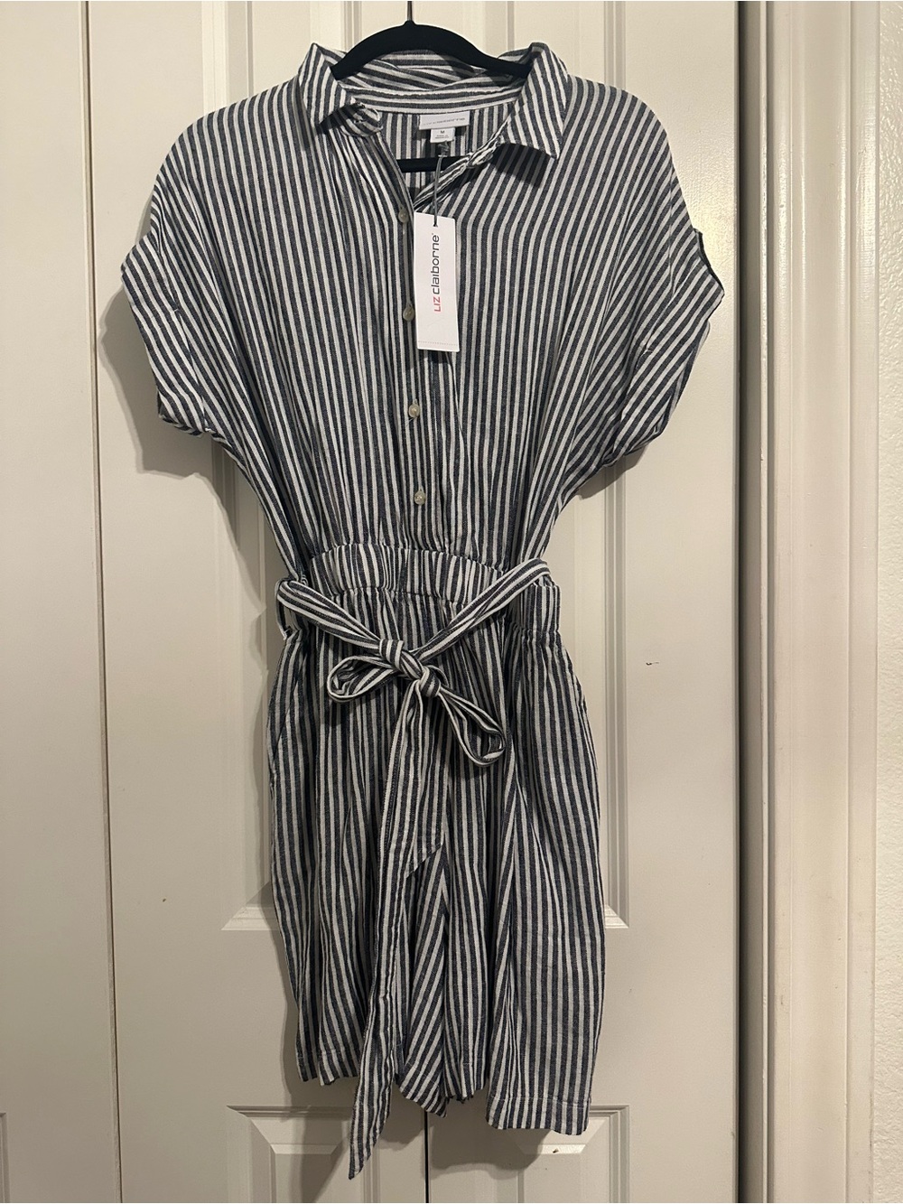 Liz Claiborne Navy and White Striped Shirt Romper